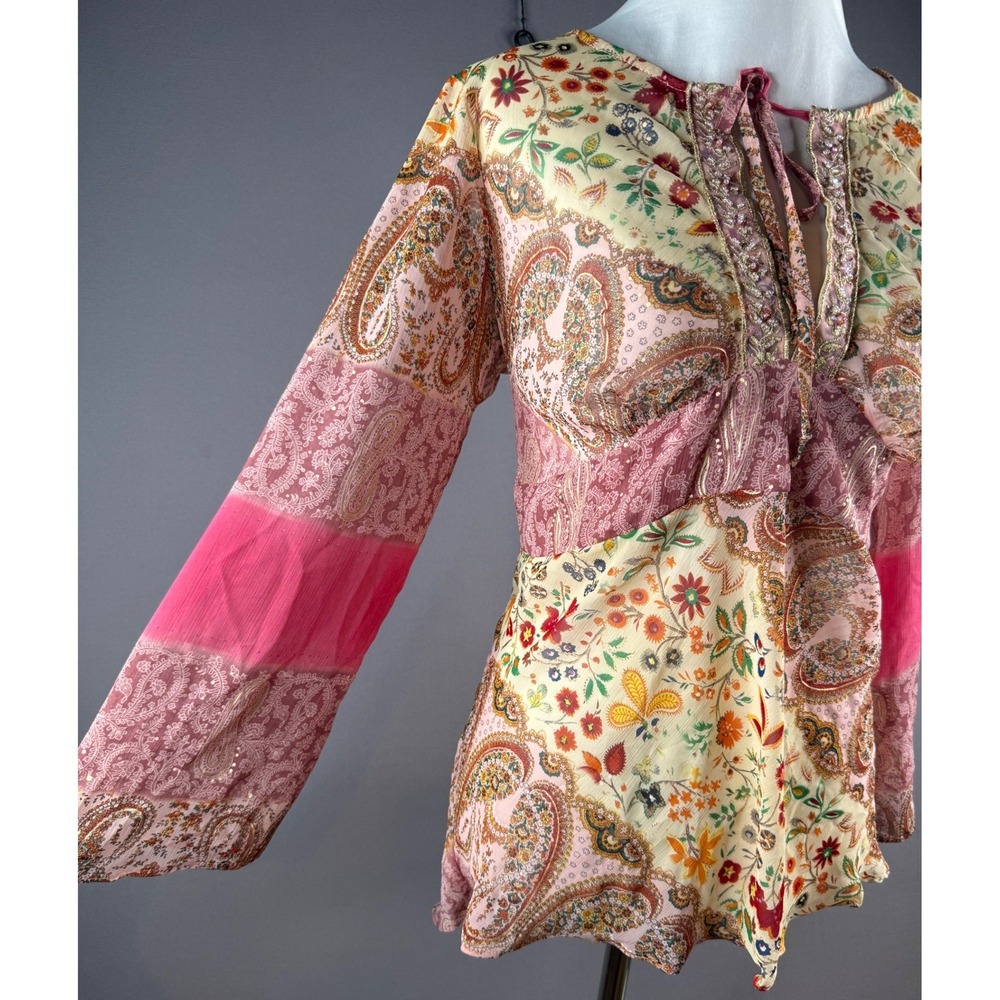 Y2K Fairycore Top Women Petite M Paisley‎ Floral Beaded Sheer Boho Patchwork